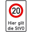 Verkehrsschild, Hier gilt die StVO - zulässige Höchstgeschwindigkeit 20 km / h