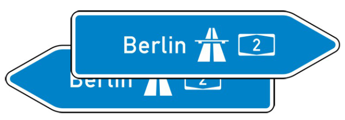 Verkehrszeichen 430-40 StVO, Pfeilwegweiser zur Autobahn, doppelseitig, Höhe 600 mm, Schrifthöhe 140 mm, zweizeilig