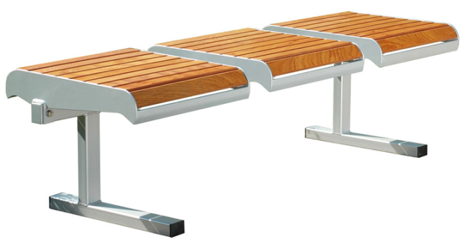 Sitzbank -Freelax- ohne Rückenlehne, aus Stahl, Sitzfläche aus Robinien-Holz, wahlweise zum Aufdübeln, Einbetonieren oder mobil