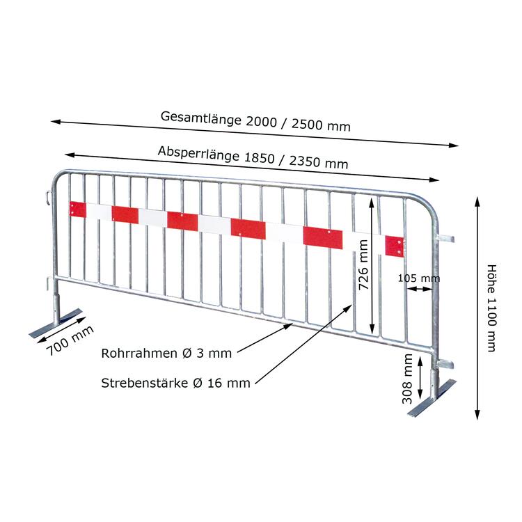 Absperrgitter Typ SE aus Stahl, Länge 2000 oder 2500 mm, mit integrierter Tastleiste