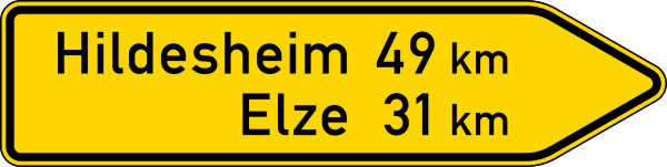 Verkehrszeichen 418-20 StVO, Pfeilwegweiser auf sonstigen Straßen, rechtsweisend, Höhe 600 mm, einseitig, Schrifthöhe 140 mm, zweizeilig