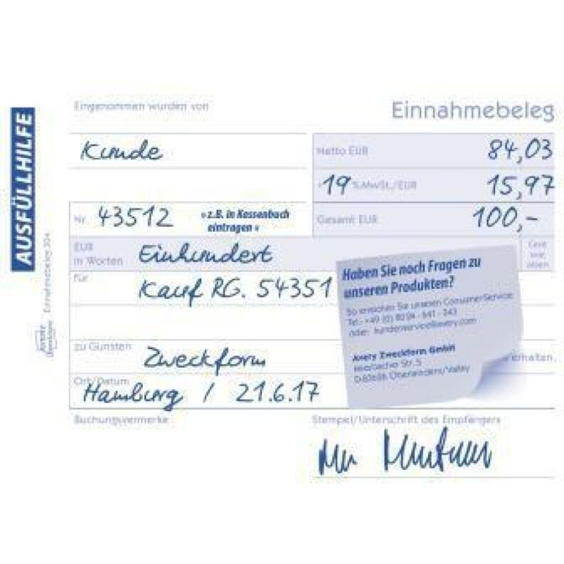 Avery Zweckform Einnahmebeleg 304 DIN A6 quer, 50 Blatt, fälschungssicher, abheftbar, grün