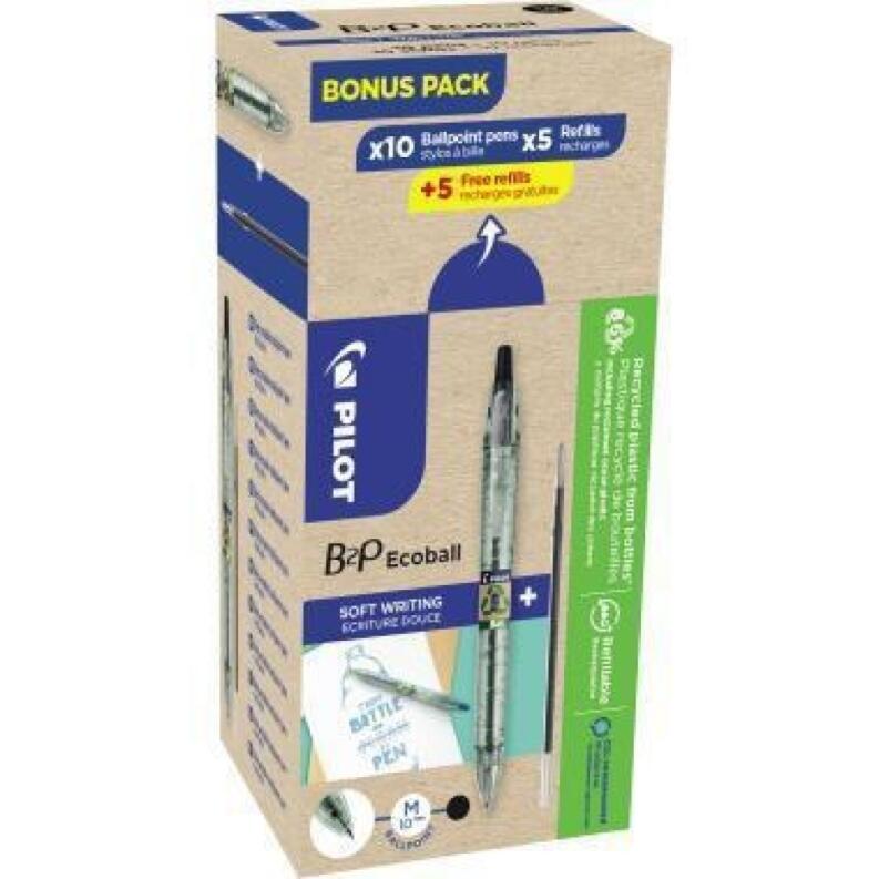 PILOT B2P Ecoball Set 10 Kugelschreiber + 10 Minen, schwarz oder blau, 86 % recyceltes Material