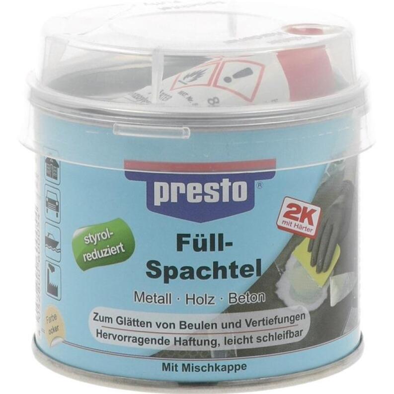 PRESTO 2K-Füllspachtel ocker, Härter rot, 250g oder 1000g Dose, für Karosserie- und Holzreparaturen